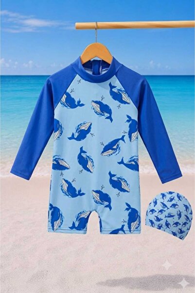 CHİCKİDSWEAR Erkek Çocuk Uzun Kollu Şortlu Tulum Mayo Ve Bone Seti uv Korumalı
