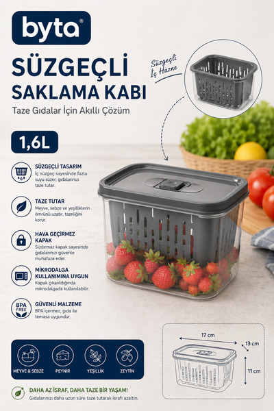 BYTA 1.6 Liter Fruit Vegetable Storage Container with Strainer Bpa Free Fresh...
