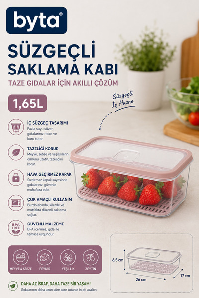 BYTA 1.65 Liter Fruit Vegetable Storage Container with Inner Strainer Bpa Fre...
