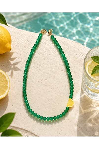 Helen Atelier Murano Cam Limon Charm Yeşil Boncuklu Yazlık Kadın Kolye - Beac...