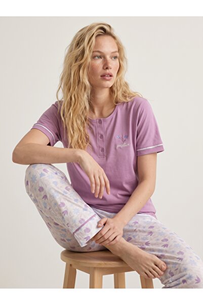 DAT Women's Lilac Floral Cotton Short Sleeve Pajamas Set