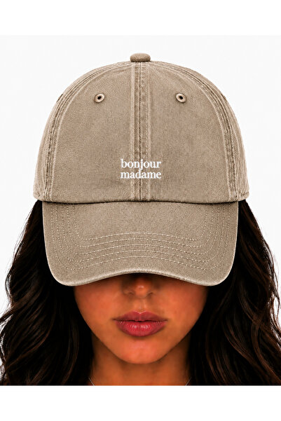 WeavedCo Bonjour Madame (Merhaba) White Embroidered Hat, Vintage Washed Baseb...
