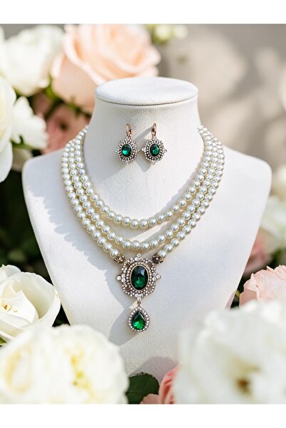 FAYRA ACCESSORIES Yeşil Kristal Taşlı İnci Kolye ve Küpe Seti