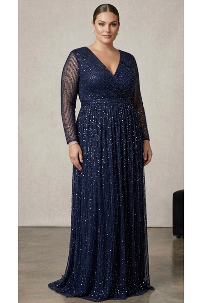 NOVERA DRESS Büyük Beden Lacivert Payet Boncuk İşlemeli V Yaka Uzun Kol Abiye...