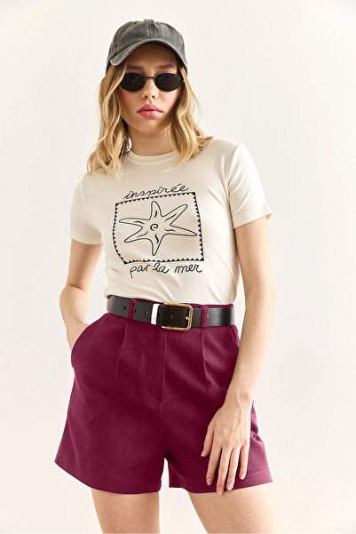 Olalook Women's Burgundy Pocketed Lined Washable Linen Shorts Shrt-19000056