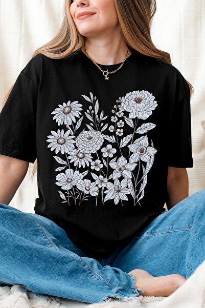 Auryne Jewelry Unisex Oversize Vintage Floral T-Shirt 100% Organic Cotton Cre...