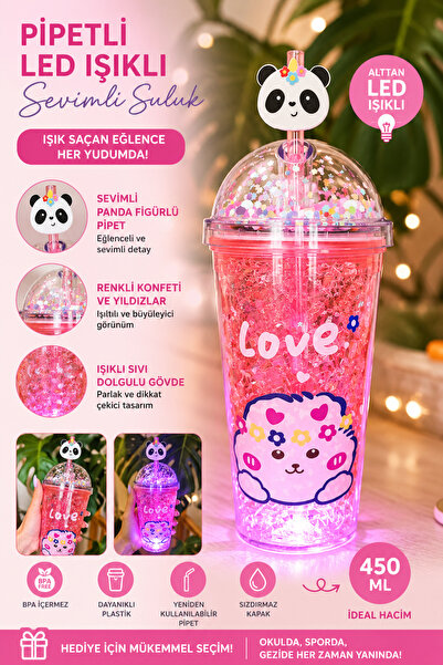 CHANCE GİFT Kedi Görselli Love Yazılı LED Işıklı Pipetli Suluk Bardak Pembe R...