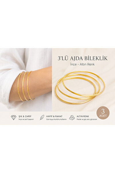 Erka 3'lü Altın Renk İnce Ajda Bileklik – Zarif Minimal Kelepçe Bilezik Seti ...