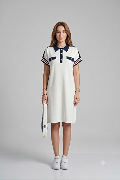 Dumy Buttoned Contrast Color Polo Collar Knitted Dress College Style Casual S...