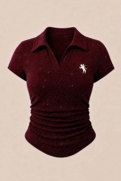 BALİNA Simli Bordo Polo Yaka Fitilli Premium Bluz