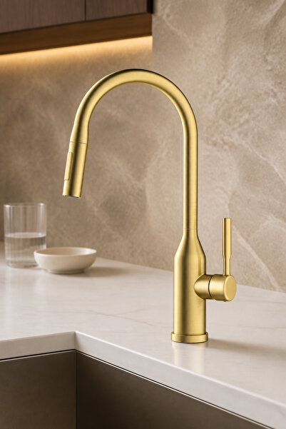 İSAOĞLU YAPI Matte Gold Spiral Kitchen Faucet Istanbul Retro Design Brushed G...