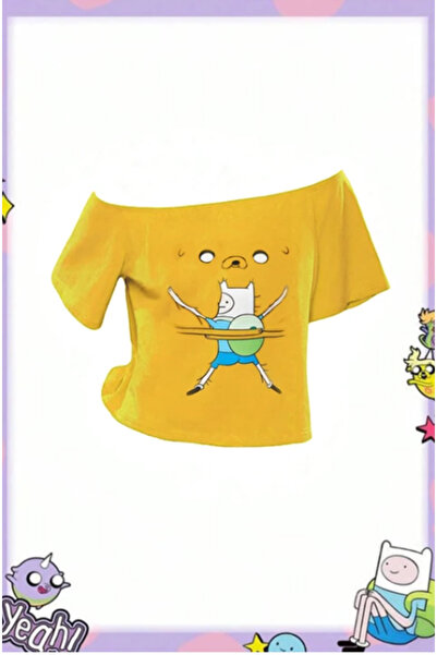 BALİNA Sarı Adventure Time Finn and Jack Omuz Dekolteli Y2K Kısa Crop