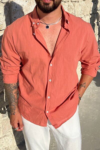 OUTFİT MAN Linen Buttoned Oversize Shirt Orange
