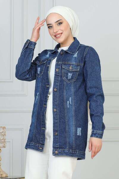 Missvalle Pocket Laser Detailed Denim Jacket Dark Blue 6095