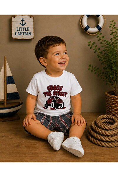 krm kerem bebe Car Patterned T-Shirt & Plaid Shorts Two-Piece Boys' Set