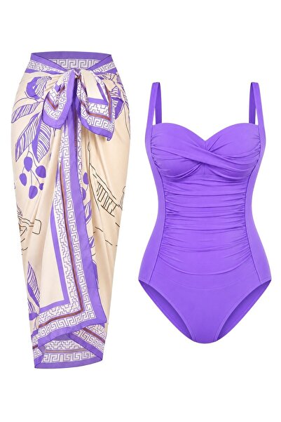 Paragon French-Inspired Draped Lilac Swimsuit Pareo Set of 2 with Corset Effe...