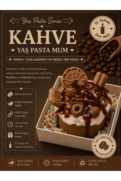 Kahve Kokulu Yaş Pasta Mum ☕ Tatlı Görünümlü El Yapımı Dekoratif Soya Mum