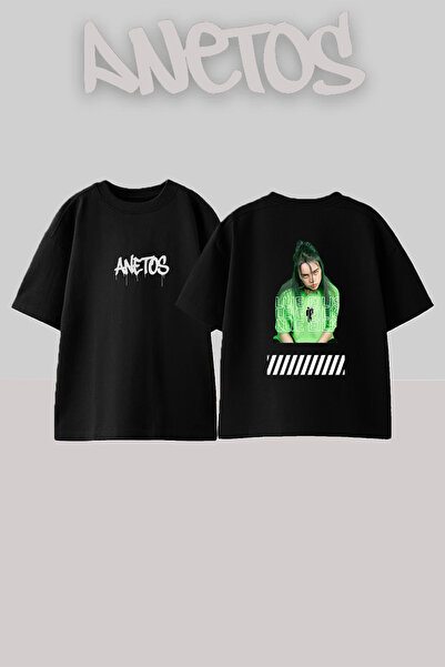 Anetos Billie Eilish_169 Design Printed Oversize Black T-Shirt