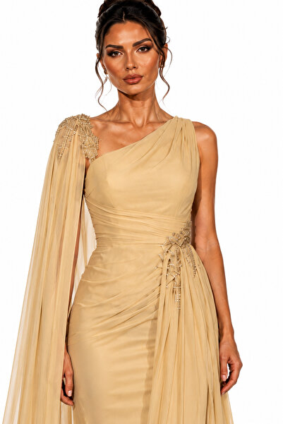 Lovely Dress Taş İşlemeli Tek Omuz Şifon Pelerinli Uzun Abiye Elbise