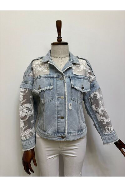 Robin Dantel Tül Detaylı Yırtık Tasarımlı Denim Ceket