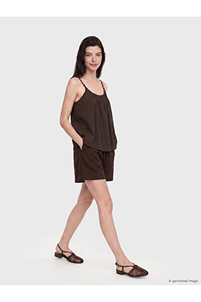 LC Waikiki Brown Women's Shorts with Elastic Waist and Linen Blend