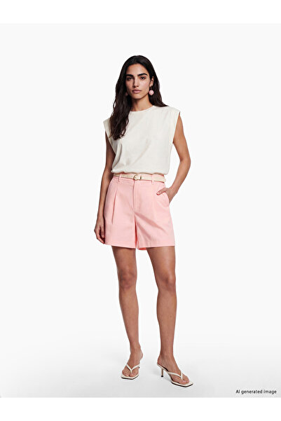LC Waikiki Pink High Waist Belted Women's Pleated Shorts
