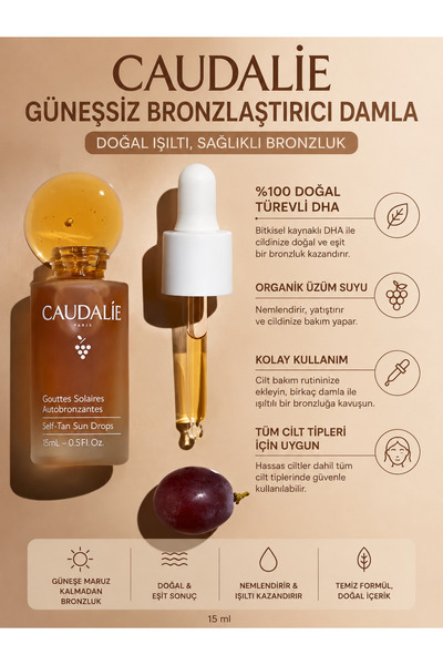 Caudalie Güneşsiz Bronzlaştırıcı Damla 15 ml | Doğal Görünümlü Kademeli Bronz...