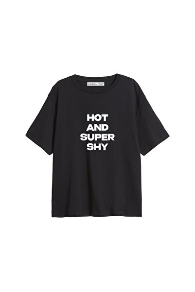 CİNEMA MODA Tricou de damă negru, cu imprimeu Hot and Super Shy, croială rela...