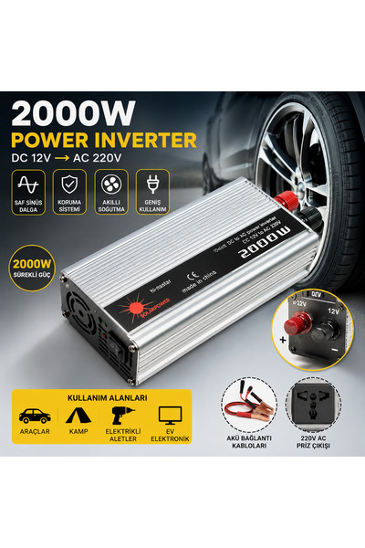 abnturk 2000W Araç Güç İnverteri 12V DC - 220V AC Çevirici Saf Sinüs İnverter...