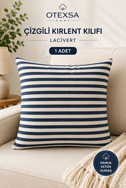 OTEXSA Cotton Linen Double-Sided Navy Blue Striped Throw Pillow Cover with Hi...
