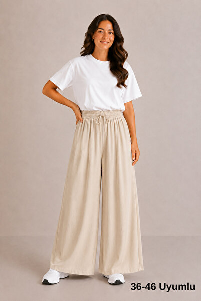 Mogi Butik Women's Modal Cupra Elastic Waist Adjustable Lace-Up Wide Leg Loos...