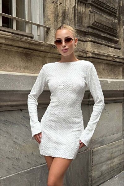 Zechka Backless Seersucker Mini Dress with Tie Detail - Ecru-Ecru - L