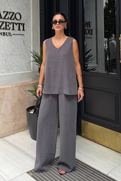 BEJNA Women's V-Neck Sleeveless Blouse Pants Modal Touch Woven Set