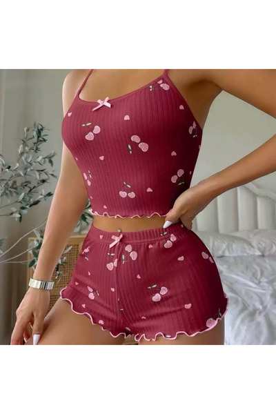 OEM Set pijama două piese pentru damă cu imprimeu cireșe și fundă aplicată, t...