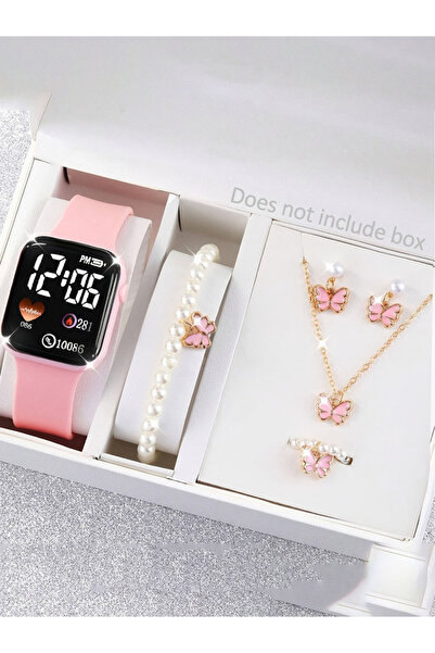 Choice pink Set of 6 minimalist square LED watches with butterfly pearl jewelry