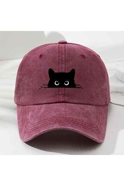 Choice Adjustable wine red Cute cat print vintage washed baseball cap for men...