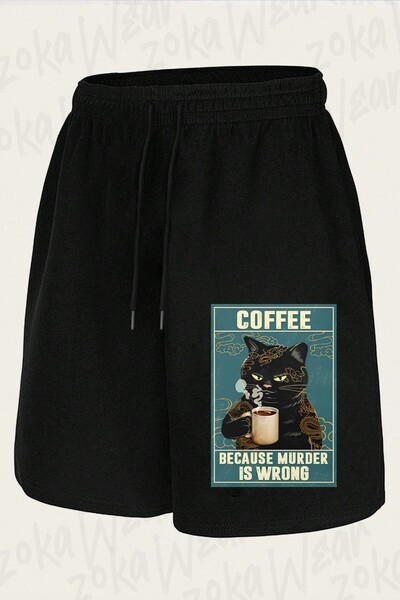 ZOKAWEAR Unisex Cat Tattoo Coffee because Murder Is Wrong Design Printed Shorts