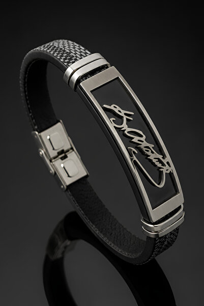 OSMANLI GÜMÜŞ Men's Leather Bracelet Straw Patterned Navy Blue Gray Color Lea...