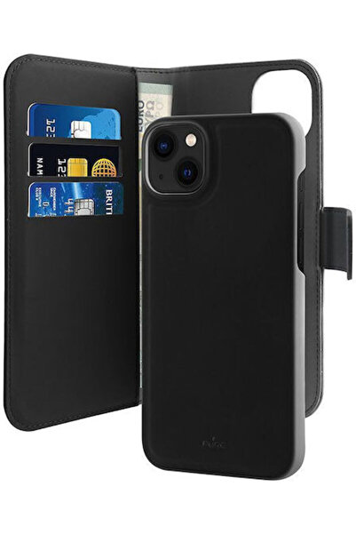Puro Portofel detașabil 2 în 1 din piele sintetică, negru, 2mm (iPhone 14 Plu...