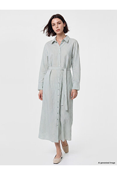 LC Waikiki فستان LCW Modest باللون الأزرق المخطط مع حزام من مزيج المودال