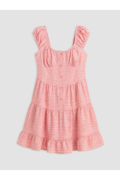 LC Waikiki Xside Pink Square Neck Plaid Layered Mini Dress