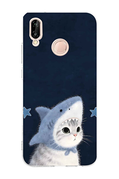 FLAMENKO Huawei P20 Lite Uyumlu Köpekbalığı Köstümlü Kedi Desenli Şeffaf Tele...