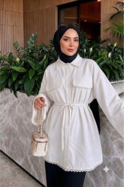 onlymoon Dantel Detaylı Belden Bağlamalı Gömlek Tunik Kadın Oversize Uzun Kol...
