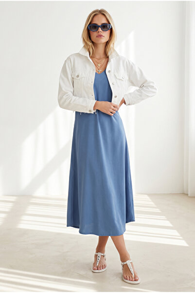 Olalook Women's Indigo V-Neck Woven Viscose Loose Dress Elb-19002245