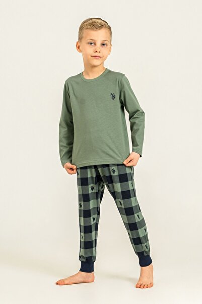U.S. Polo Assn. طقم بيجامة للأولاد مطبوع باللون الأخضر بأكمام طويلة US2647-C-V2