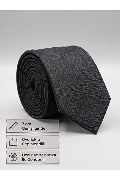 Elegante Cravatte Erkek Jakarlı Dokuma Kravat Seti - 7cm Model, Cep Mendili & Özel Kutulu