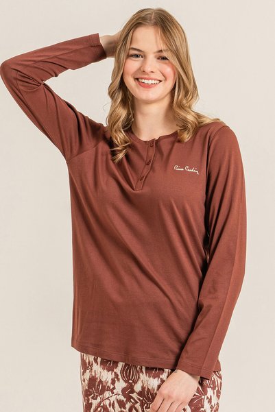 Pierre Cardin Costum de pijama maro cu mâneci lungi pentru femei PC9264-S-V1