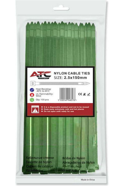 ATC Πλαστικά δεματικά καλωδίων 150mmx2.5mm σε πράσινο χρώμα 100 τεμάχια 20.00...