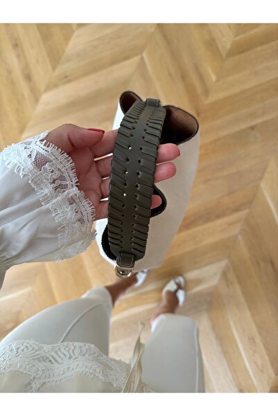 Tina İstanbul Knitted Leather Handle Linen Hand and Shoulder Bag Khaki