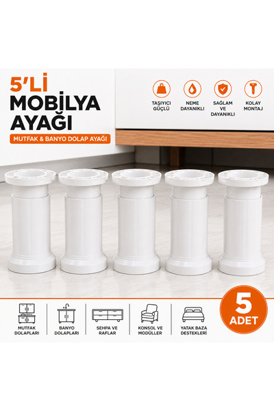 5'li Ayarlanabilir Mutfak Dolap Ayağı Beyaz Plastik Mobilya Ayağı Banyo Dolabı Destek Ayağı